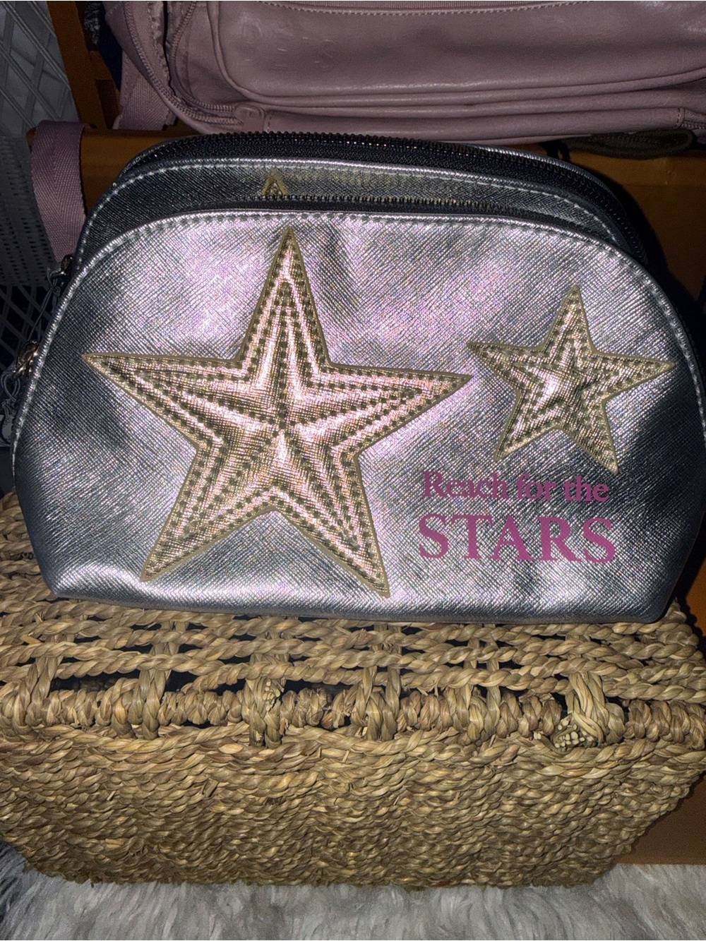 Metallic Silver Cosmetic Bags with Gold Star Accents - Reach for the Stars